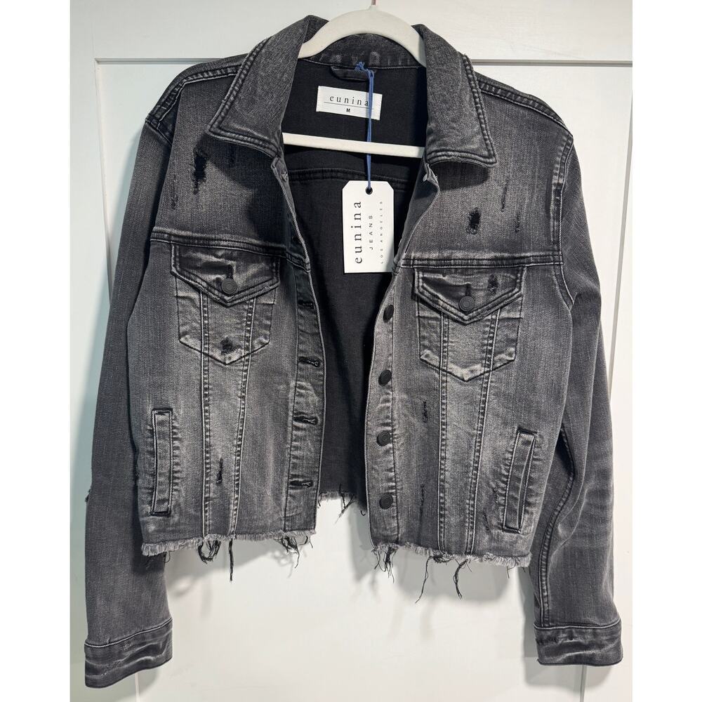 NWT EUNINA JEANS Distressed Charcoal Cropped Denim Jean Jacket Size M